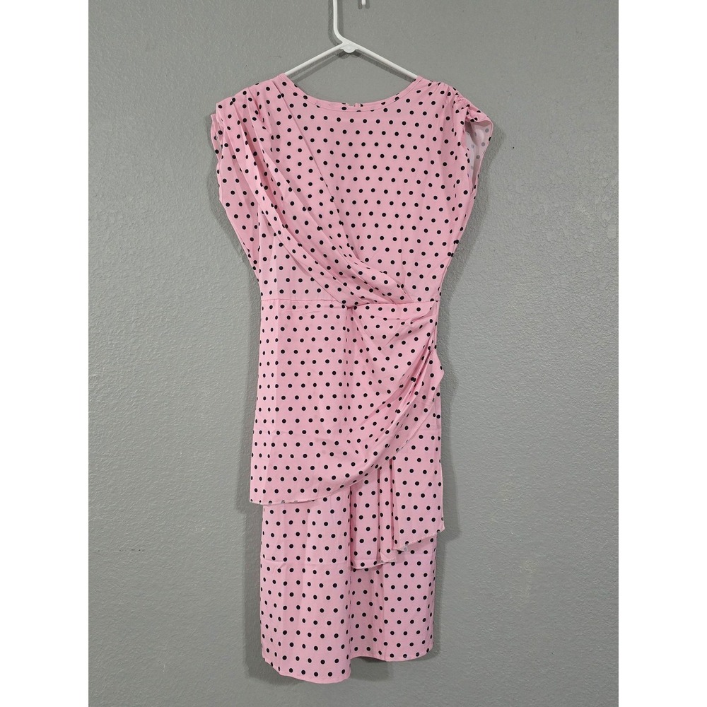 NA PRAWDE Dress Womens Medium Pink Polka Dot Ruched Ruffle Sheath Knee Length